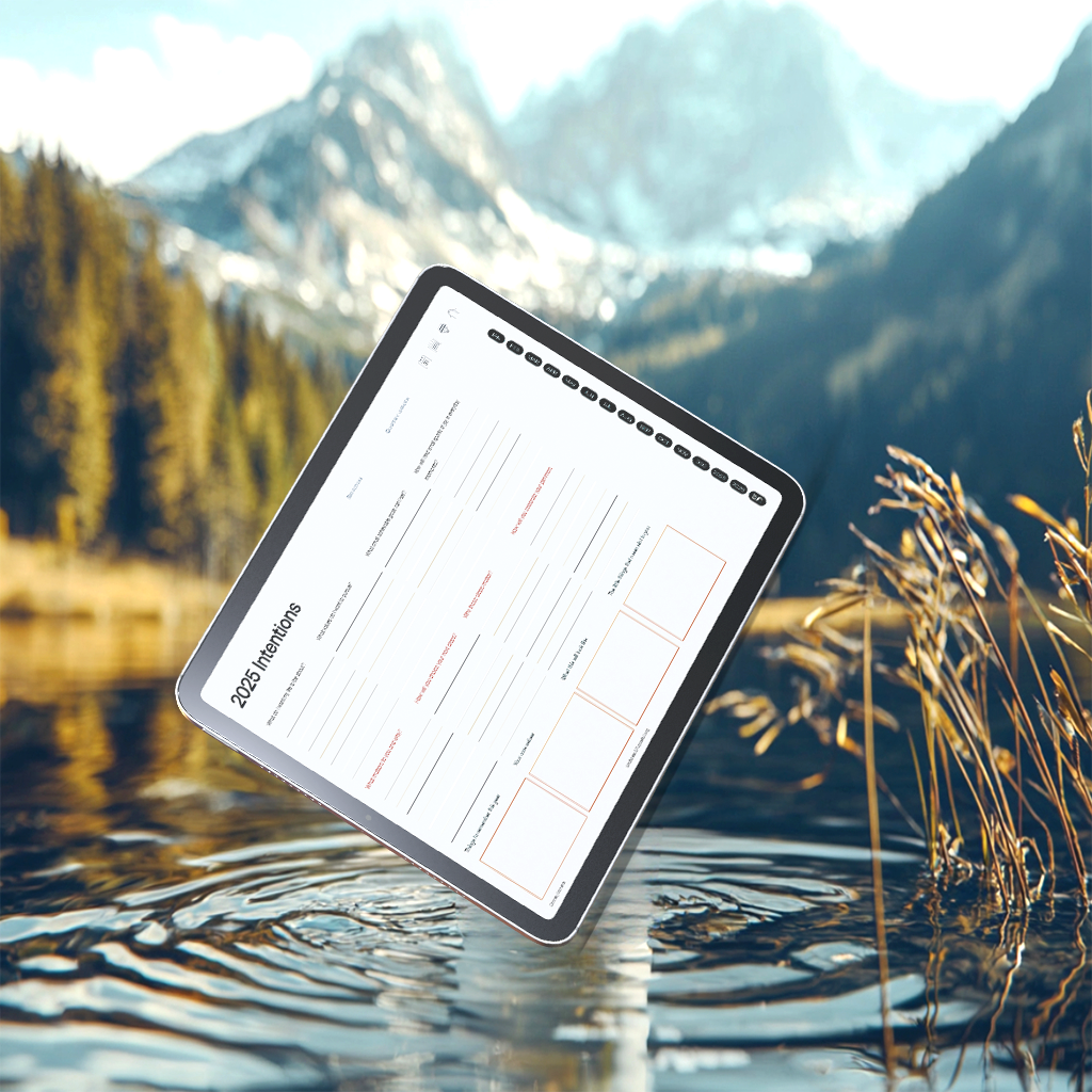 Tablet in Nature. Trees and water. Digital life coach for daily organization and mindful goal-setting.