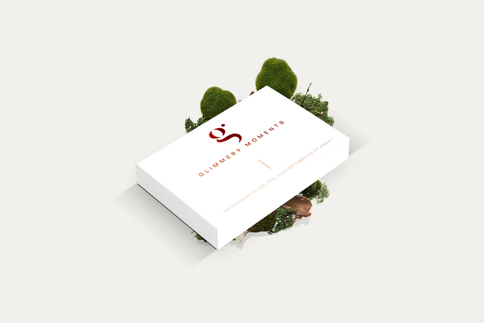 Glimmery Moments Correspondence Set – elegant white box with copper foil logo, designed for intentional letter writing and offline rituals.