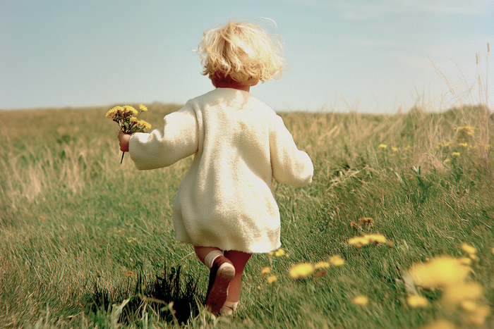 Young child walking barefoot through a sunlit meadow holding wildflowers, symbolizing the joy and simplicity of offline life.
