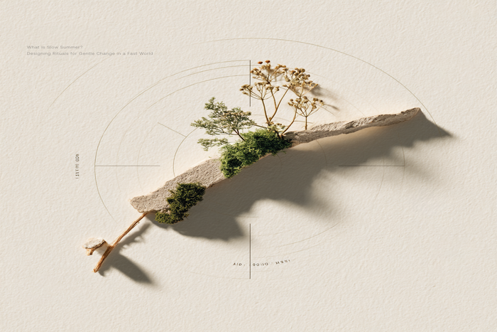 Minimalist botanical artwork featuring dried flowers and moss arranged on textured paper, symbolizing the Slow Summer philosophy and slow dopamine by design.