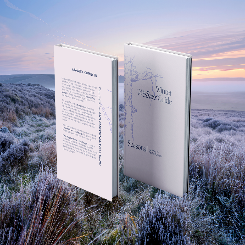 Two Winter Wellness Journals upright—self-care guides with mindful prompts and exercises for winter self-reflection and self-discovery